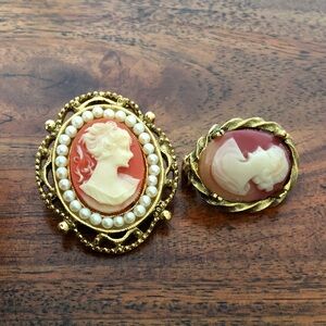 Small Gold and Cream Cameo Brooch Set